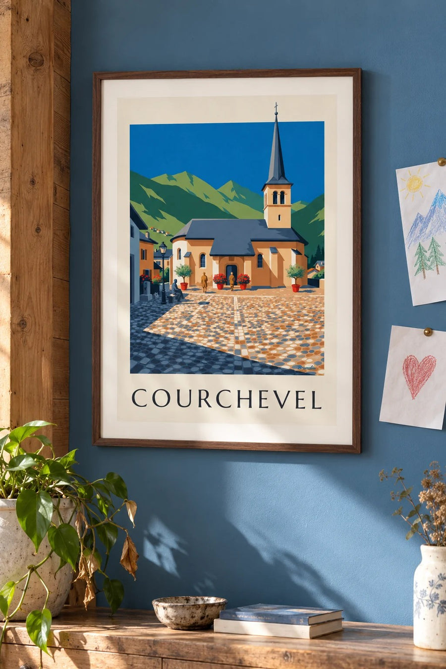 Plakat med kirken i Saint-Bon i Courchevel : indrammet på væggen