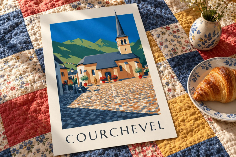 Plakat med kirken i Saint-Bon i Courchevel : stillet på et bord