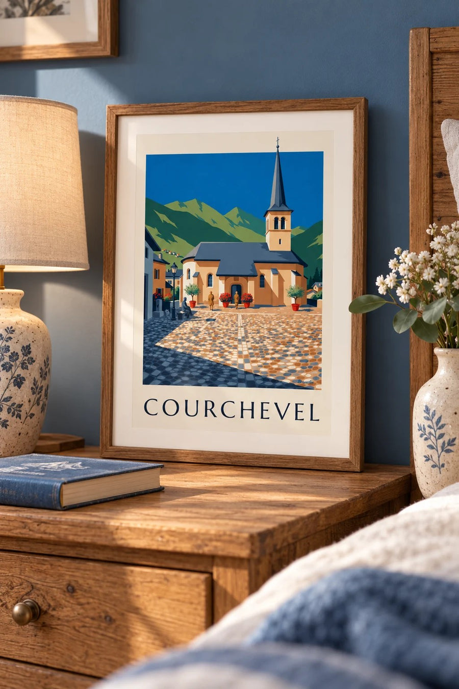 Plakat med kirken i Saint-Bon i Courchevel : lille A4-format i ramme