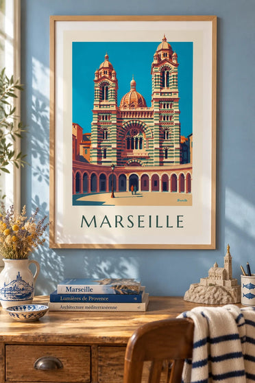 Plakat med katedralen La Major i Marseille : indrammet på væggen