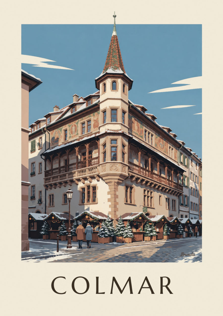 Plakat med Pfister-huset i Colmar ved juletid