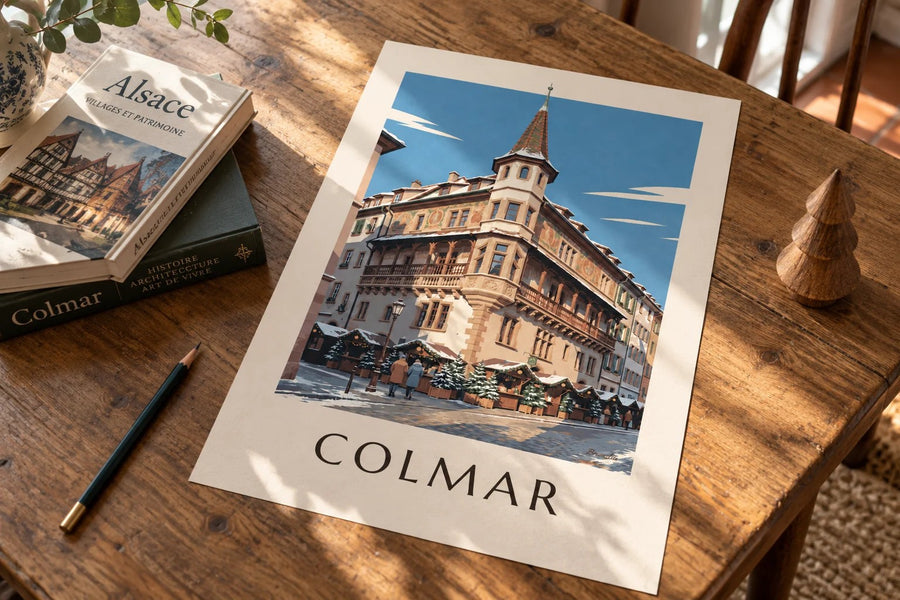 Affiche Maison Pfister à Colmar à Noël : posée sur une table
