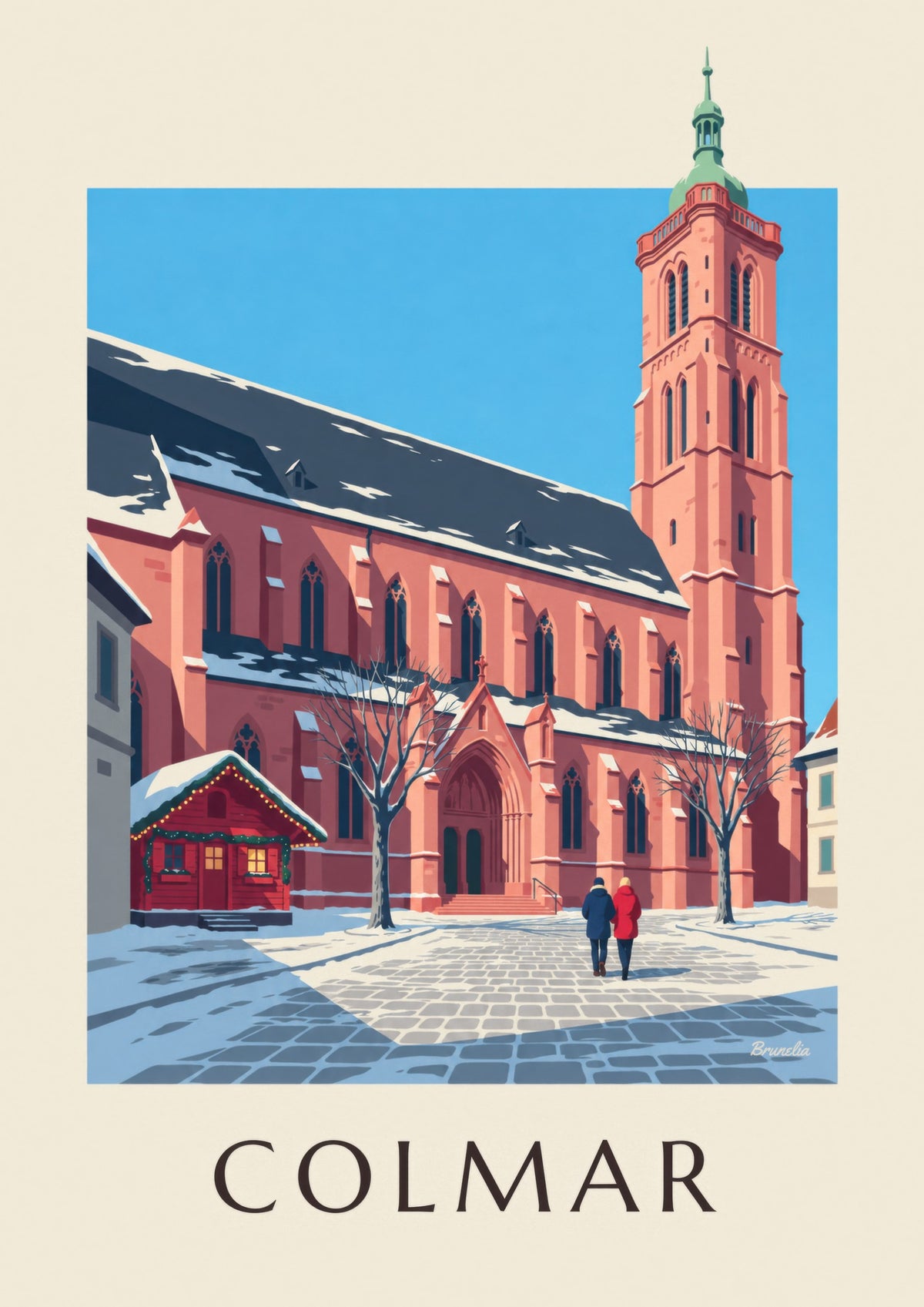 Plakat med Sankt Martins kollegiatkirke i Colmar om vinteren