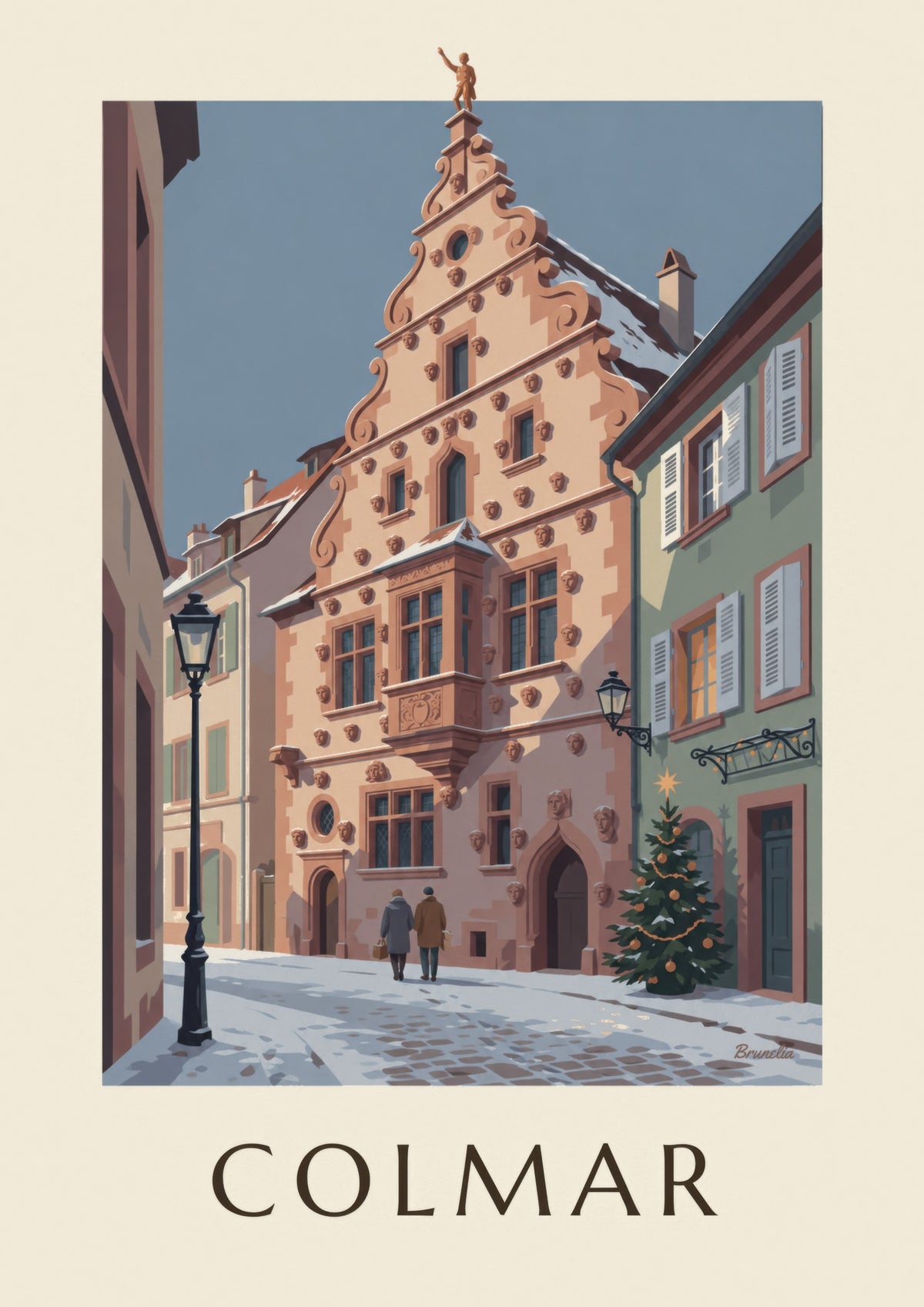 Plakat med Maison des Têtes i Colmar om vinteren