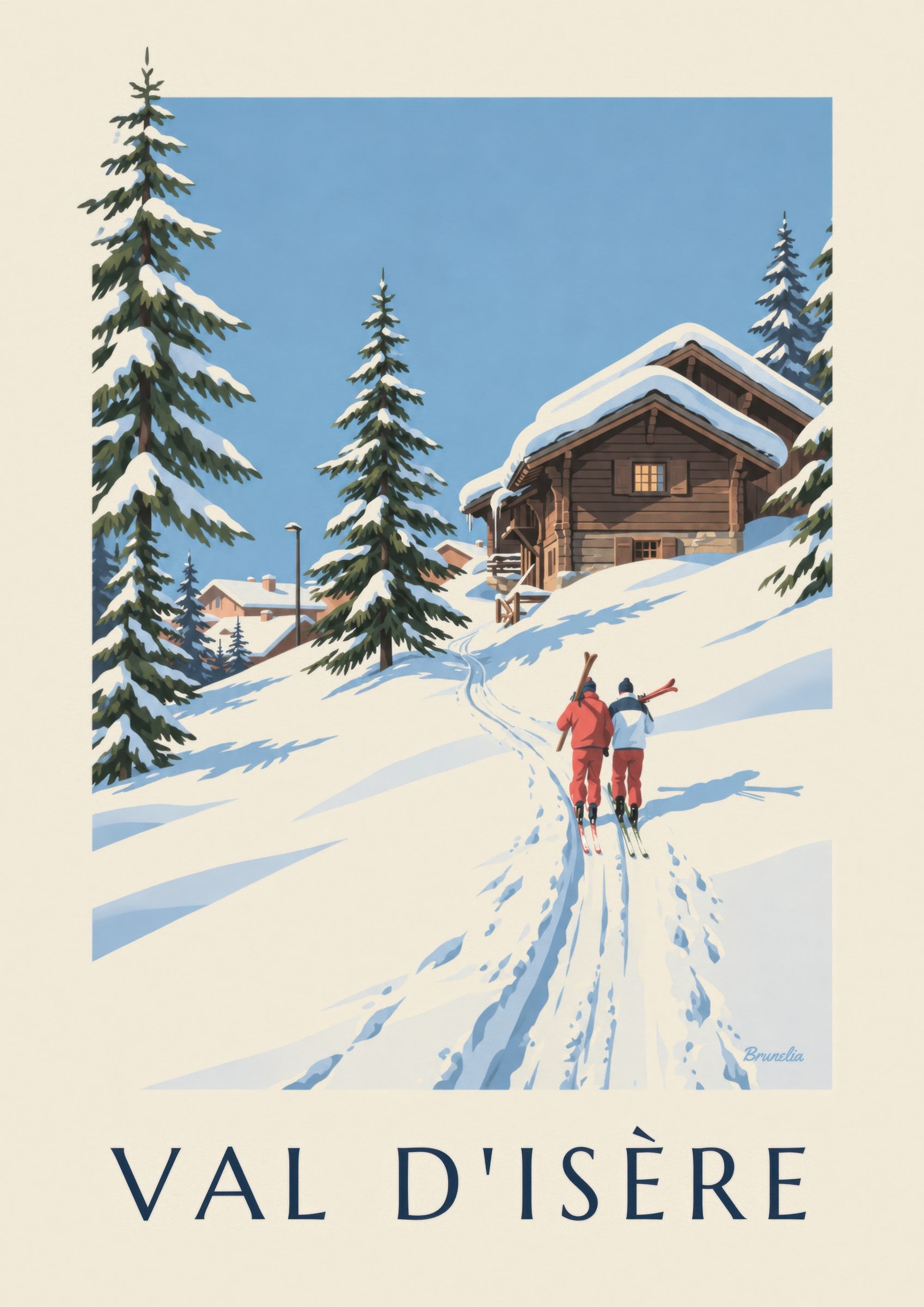 Plakat med Val d'Isère og skiløbere i sneen: nærbillede af detalje