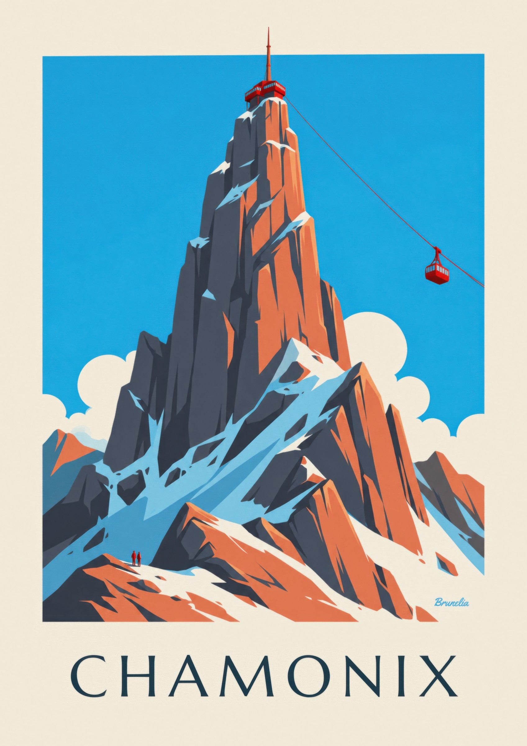 Plakat med Chamonix, Aiguille du Midi og svævebane: nærbillede af detalje