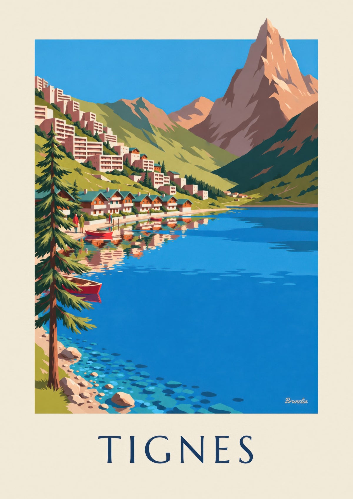 Plakat af Tignes, søen og Tignes-Le Lac om sommeren