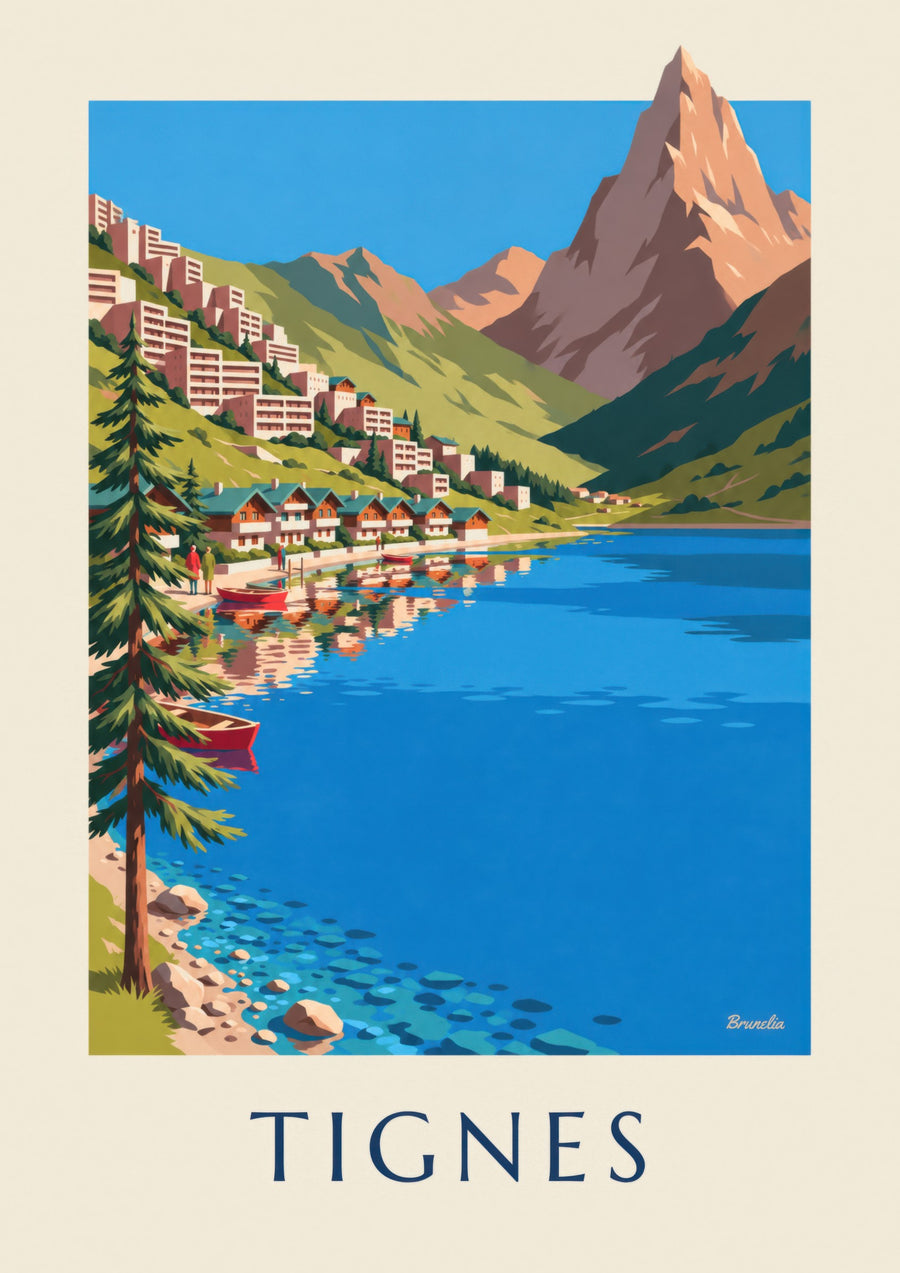 Plakat af Tignes, søen og Tignes-Le Lac om sommeren