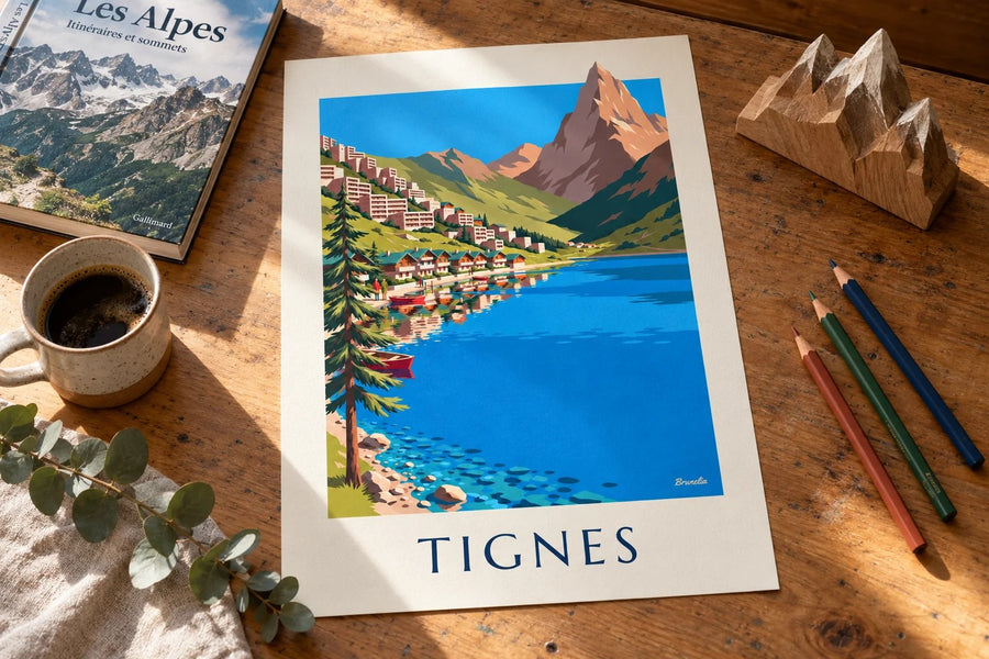 Plakat af Tignes, søen og Tignes-Le Lac om sommeren : stillet på et bord