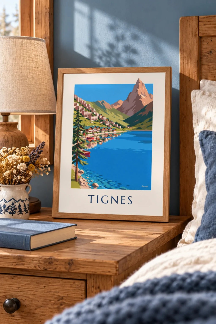 Plakat af Tignes, søen og Tignes-Le Lac om sommeren : lille A4-format i ramme