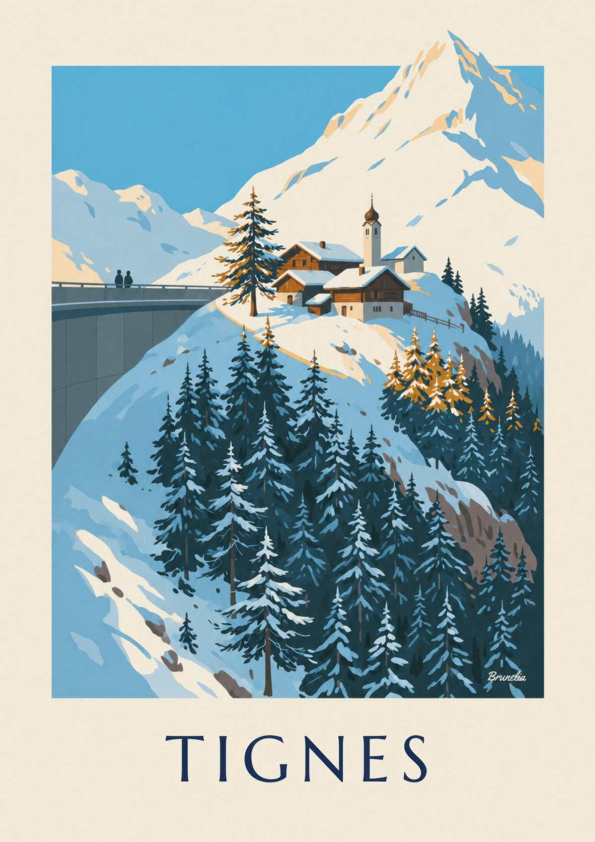 Plakat af Tignes 1800 og klokketårnet om vinteren