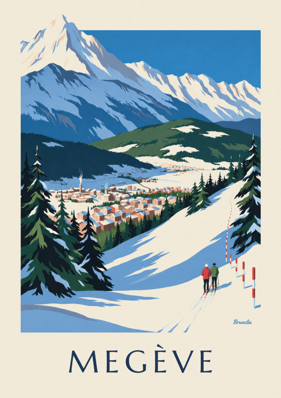 Plakat af Megève med pisterne mod Mont-Blanc