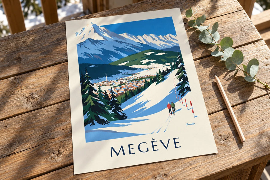 Plakat af Megève med pisterne mod Mont-Blanc : stillet på et bord