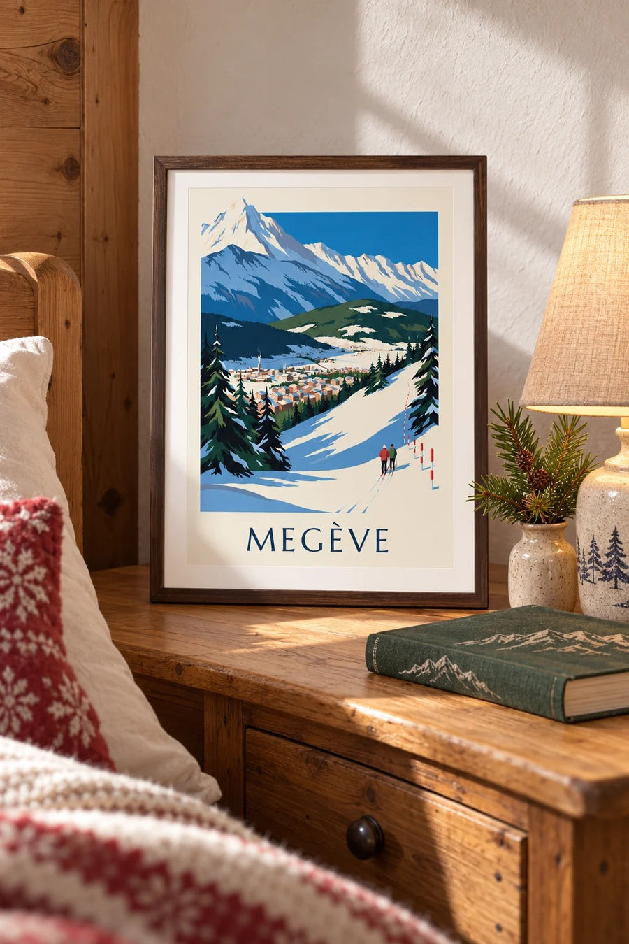Plakat af Megève med pisterne mod Mont-Blanc : lille A4-format i ramme