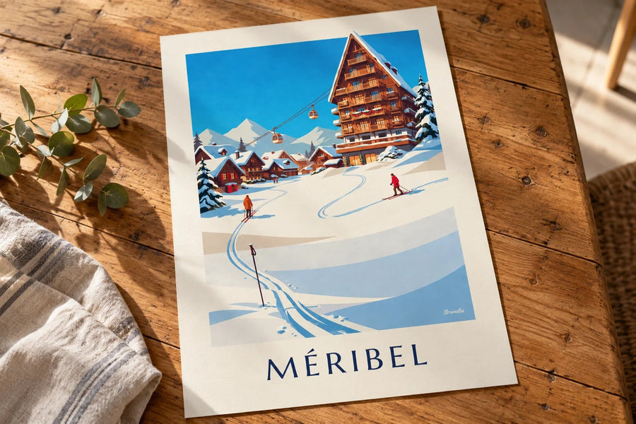 Plakat med Méribel Mottaret i solen : stillet på et bord