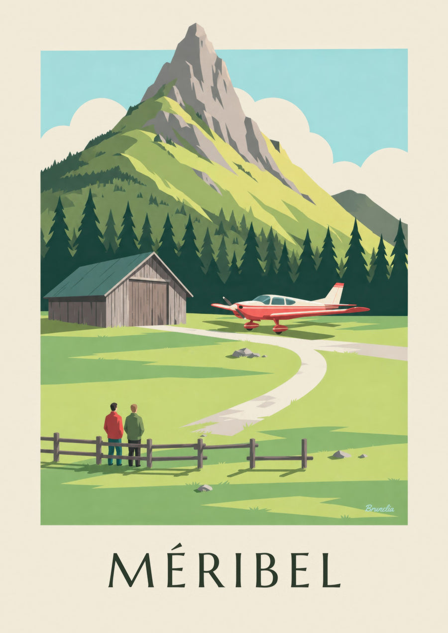 Plakat med Méribel og lille fly ved højfjeldslufthavnen