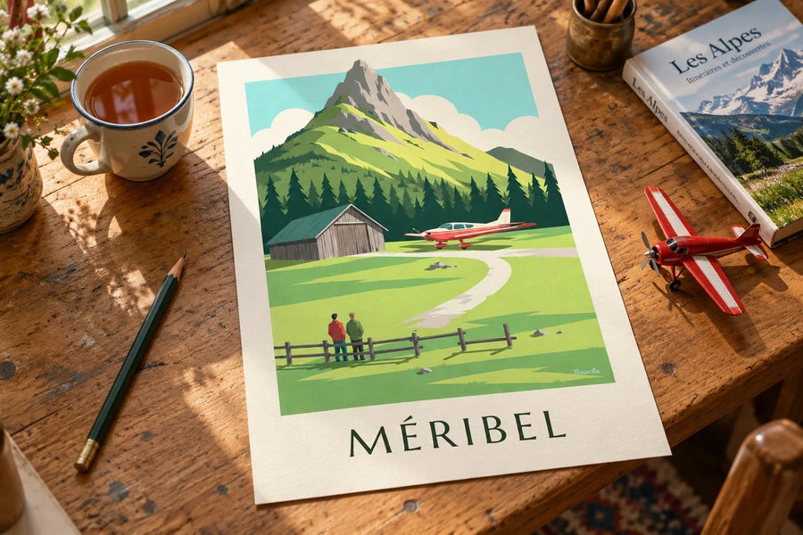 Plakat med Méribel og lille fly ved højfjeldslufthavnen : stillet på et bord
