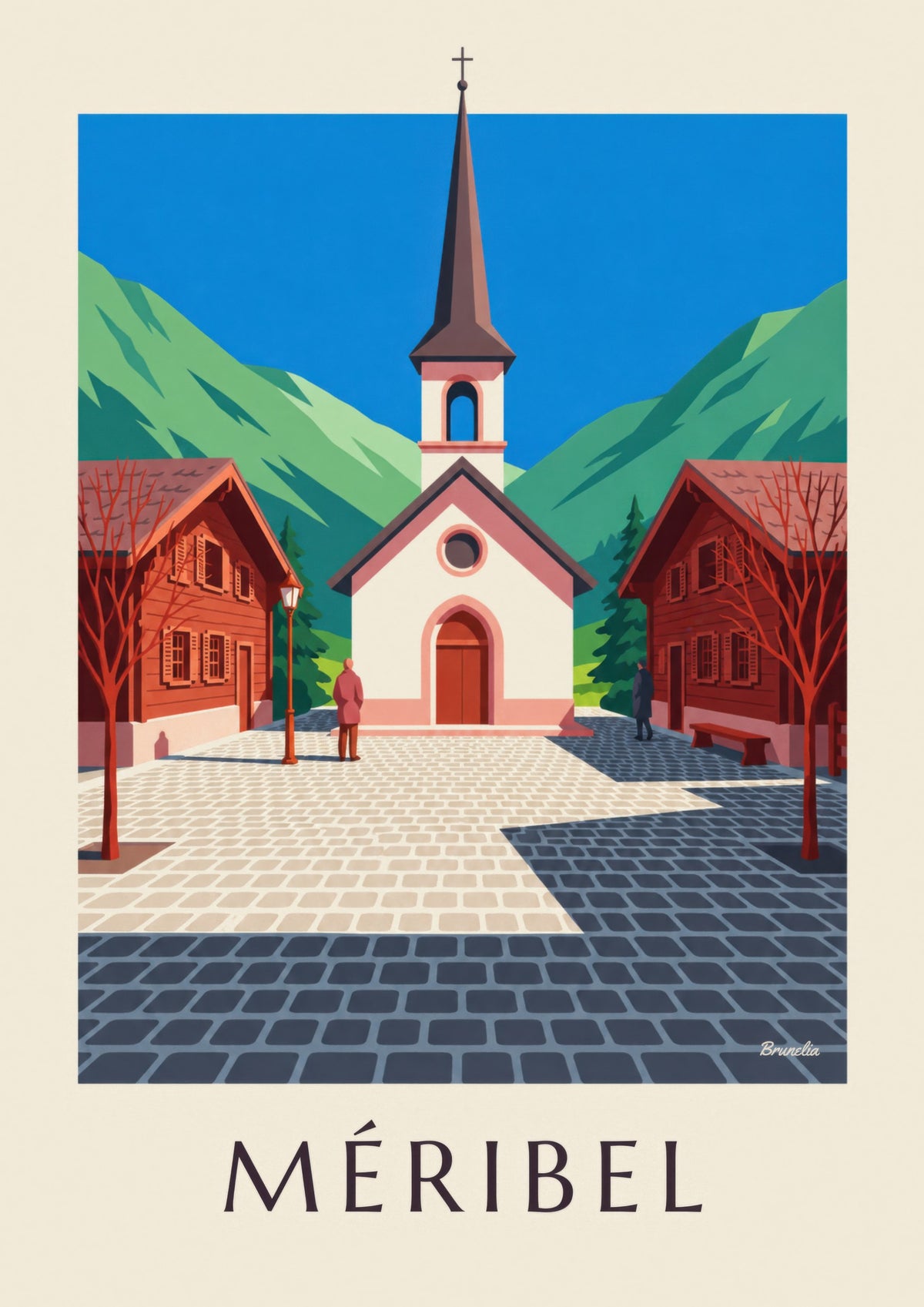 Plakat med Méribel og det lyserøde kapel