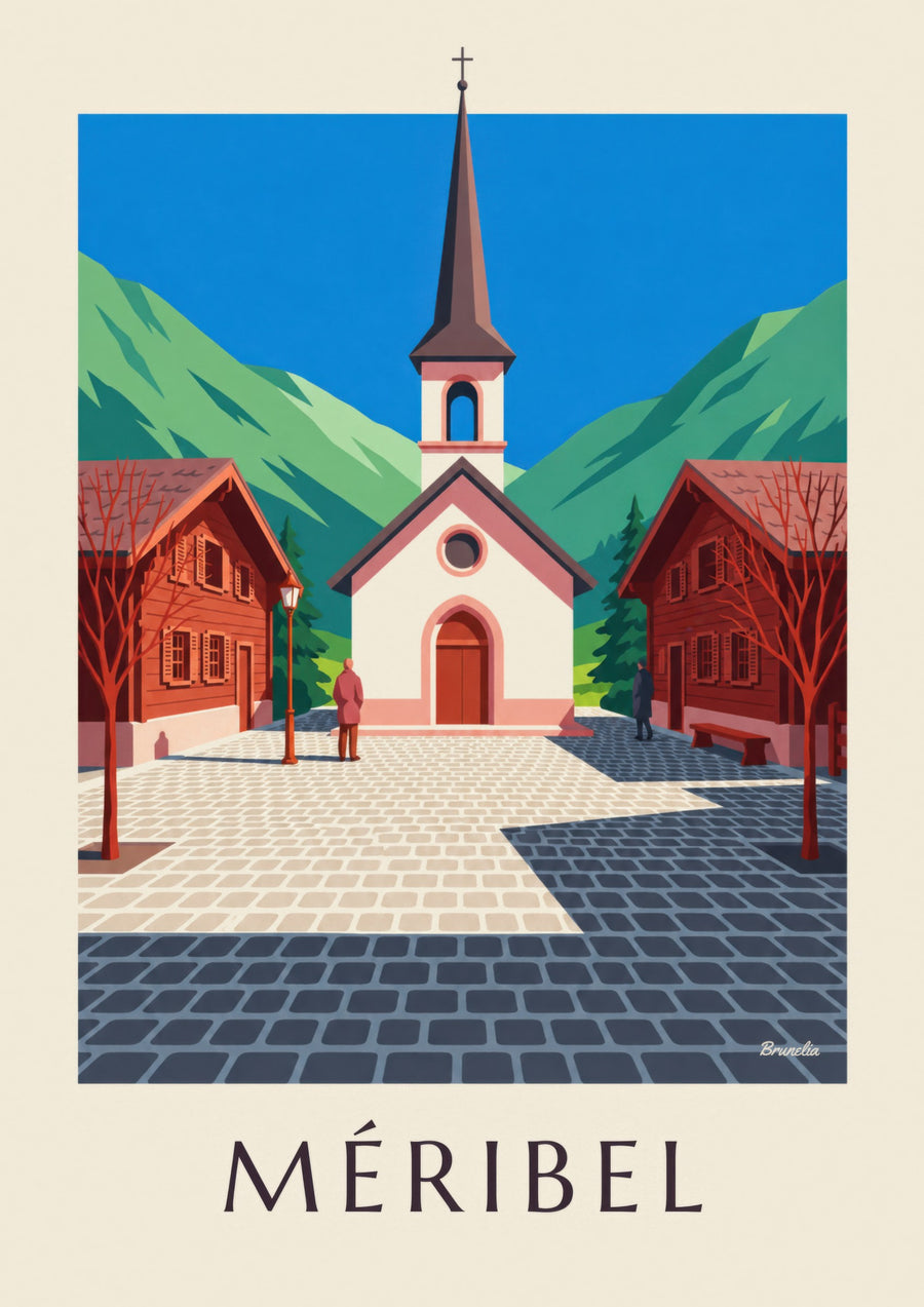 Plakat med Méribel og det lyserøde kapel