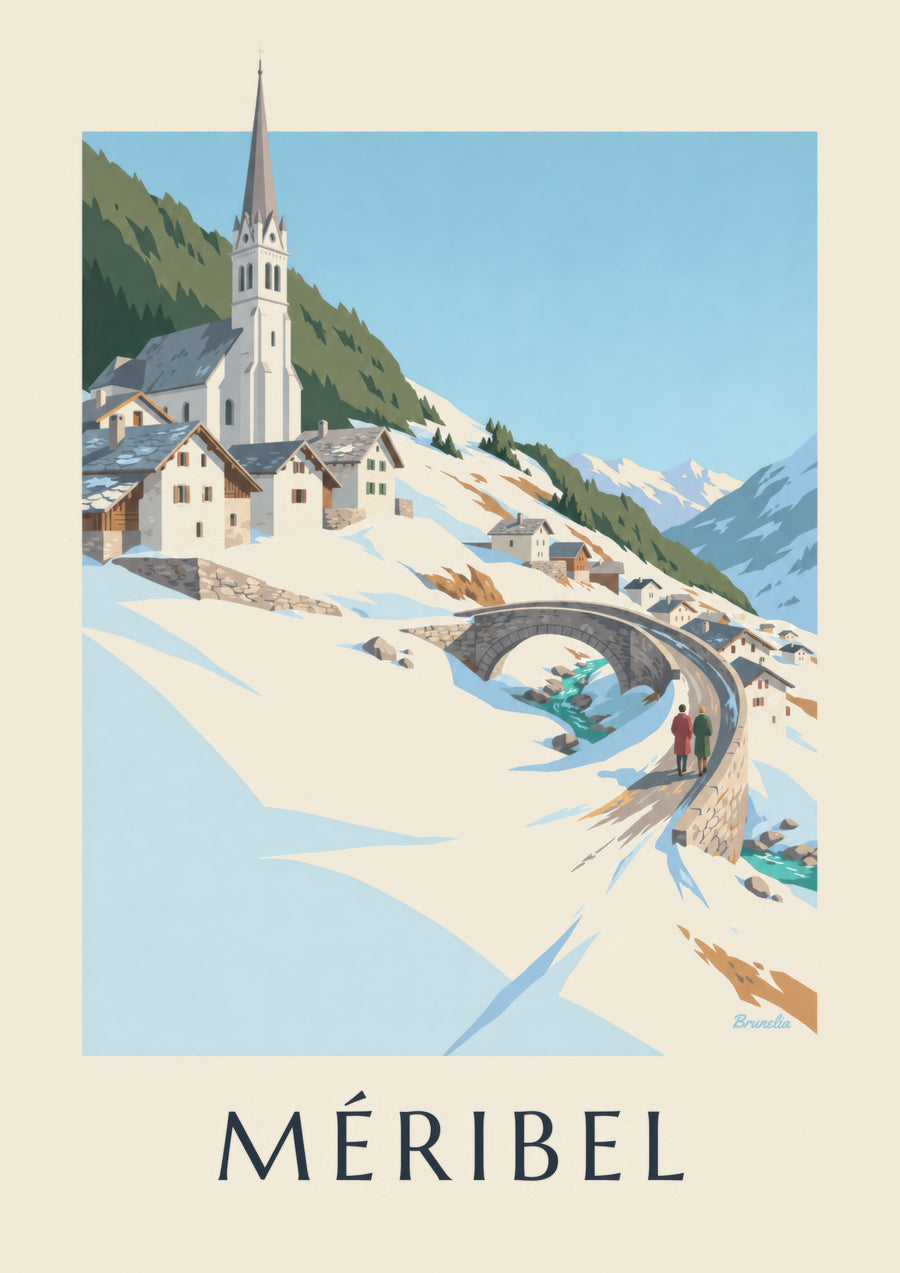 Plakat med Méribel, broen og kirken i Les Allues