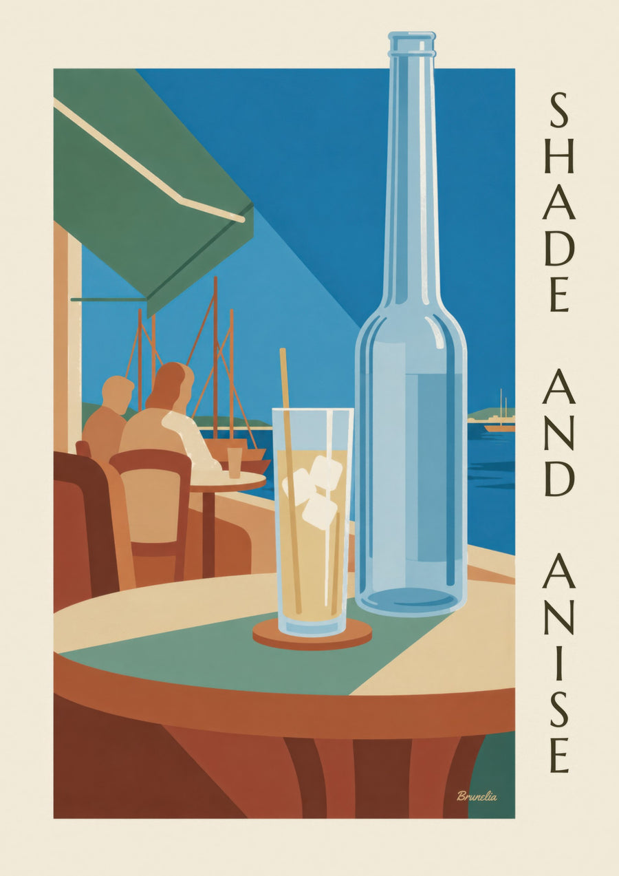 Plakat med pastis og vandkaraffel ved havnen