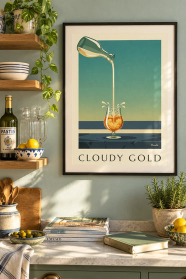 Plakat med pastis og frisk vand : indrammet på væggen