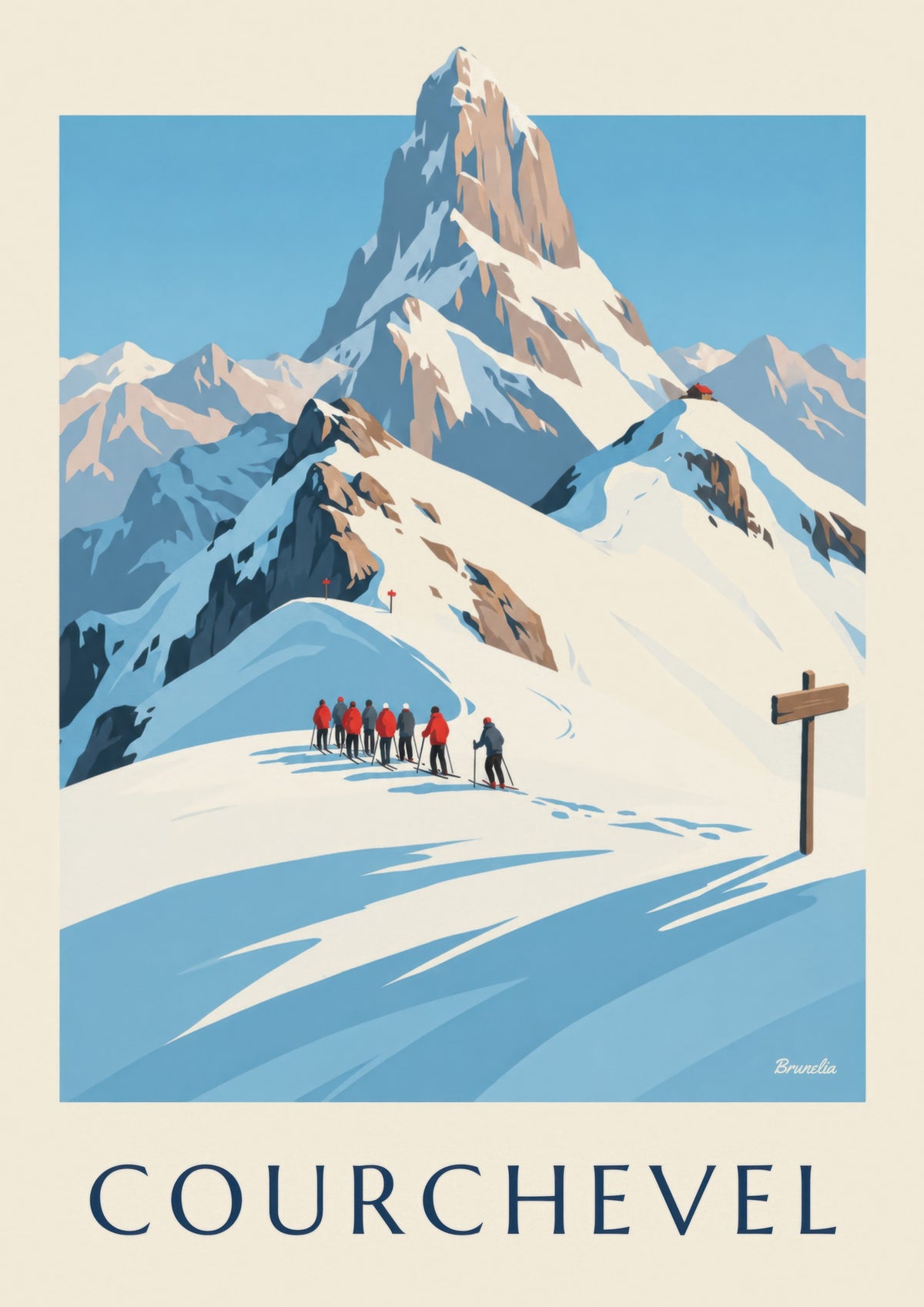 Plakat med Courchevel og skiløbere med udsigt til Vanoise