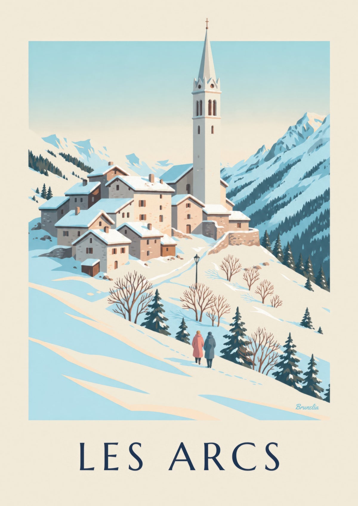 Plakat med Les Arcs og Villaroger under sneen