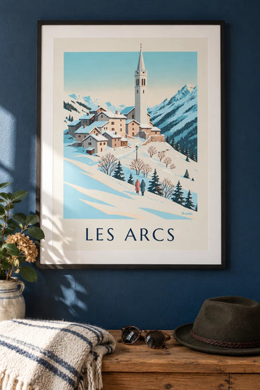 Plakat med Les Arcs og Villaroger under sneen : indrammet på væggen