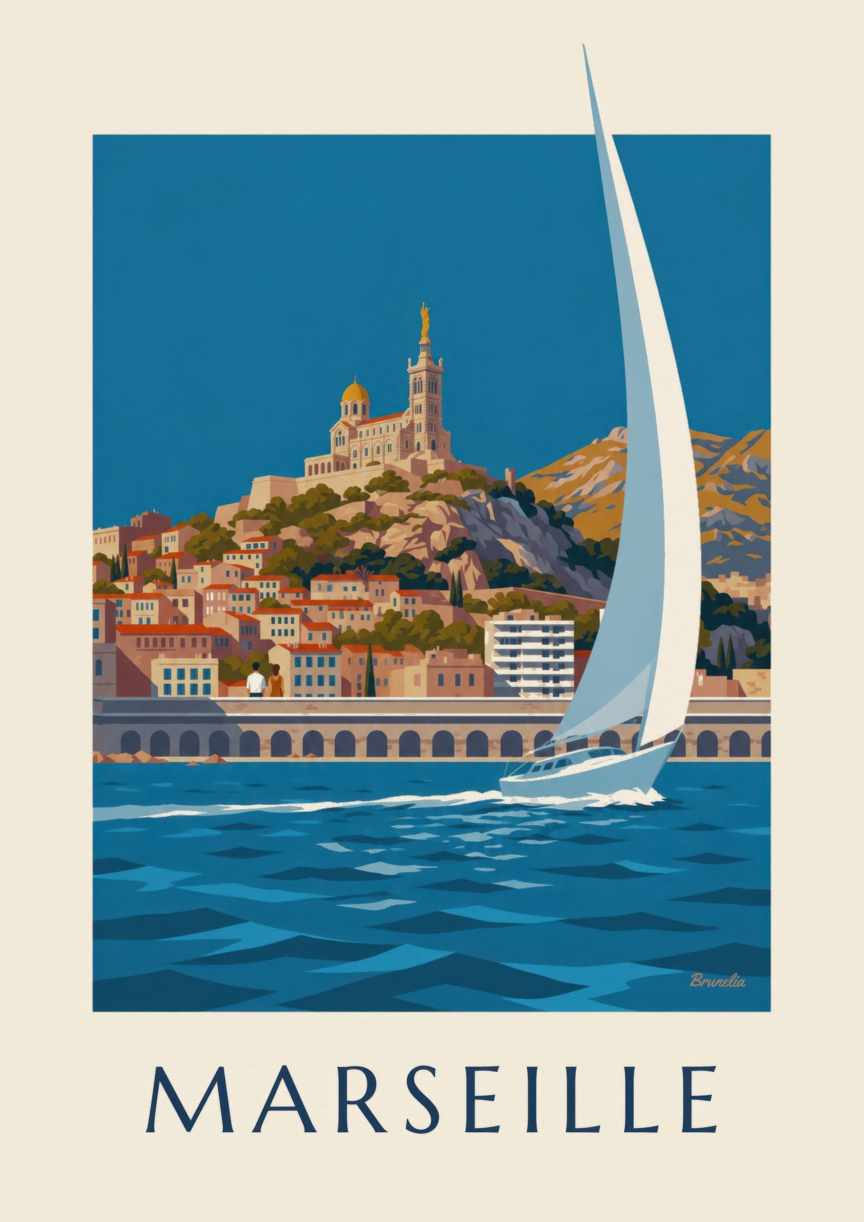 Plakat med Notre-Dame-de-la-Garde set fra havet: nærbillede af detalje