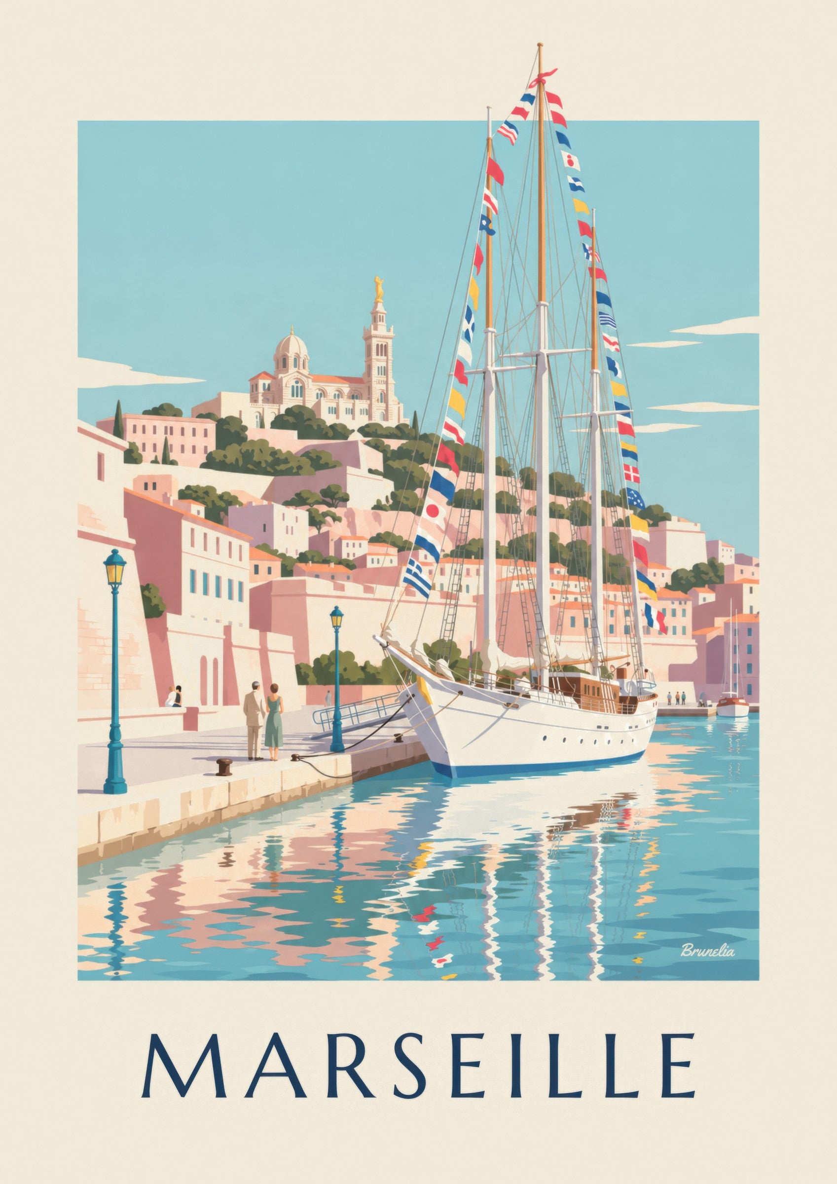 Plakat med stort sejlskib i Marseilles havn: nærbillede af detalje