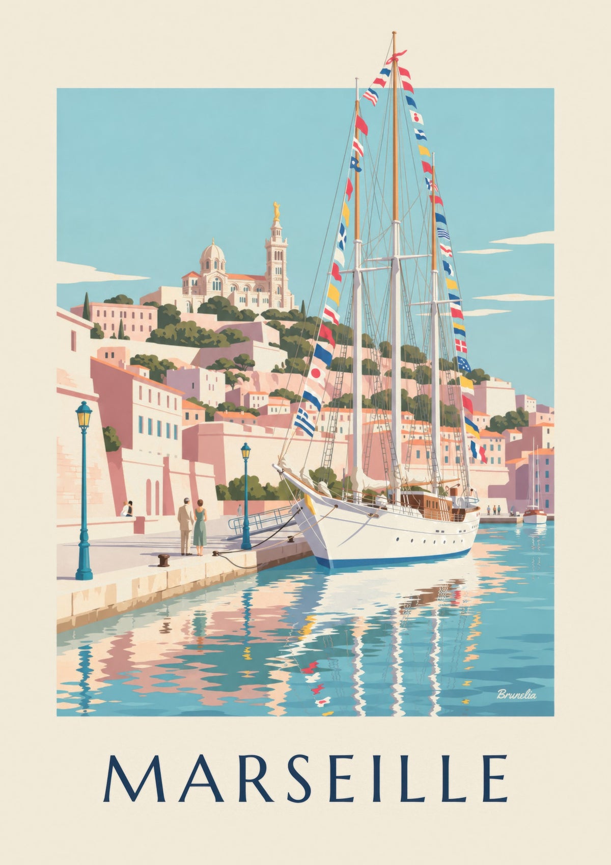 Plakat med stort sejlskib i Marseilles havn
