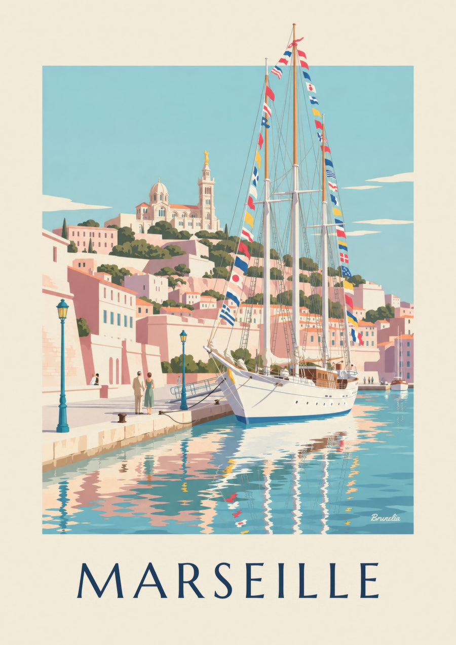 Plakat med stort sejlskib i Marseilles havn