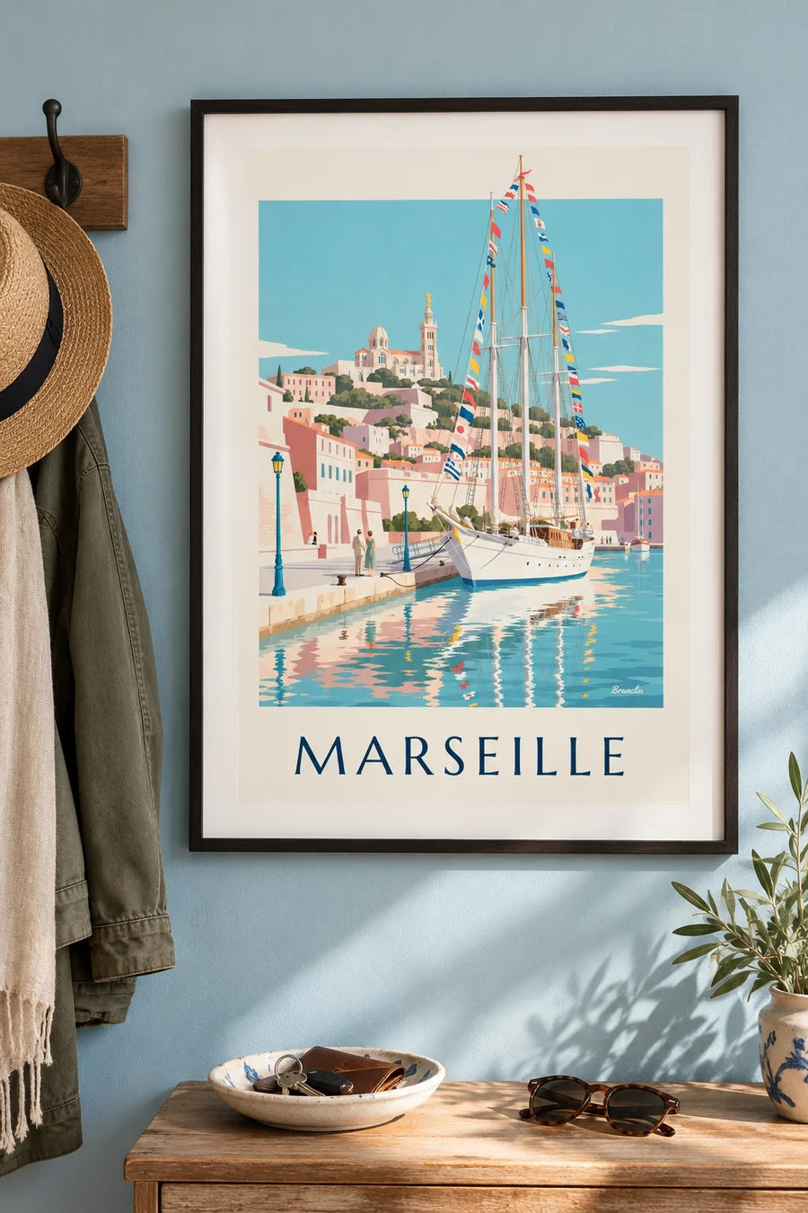 Plakat med stort sejlskib i Marseilles havn : indrammet på væggen