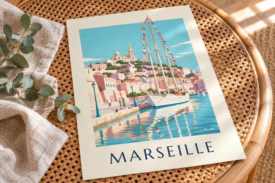 Plakat med stort sejlskib i Marseilles havn : stillet på et bord
