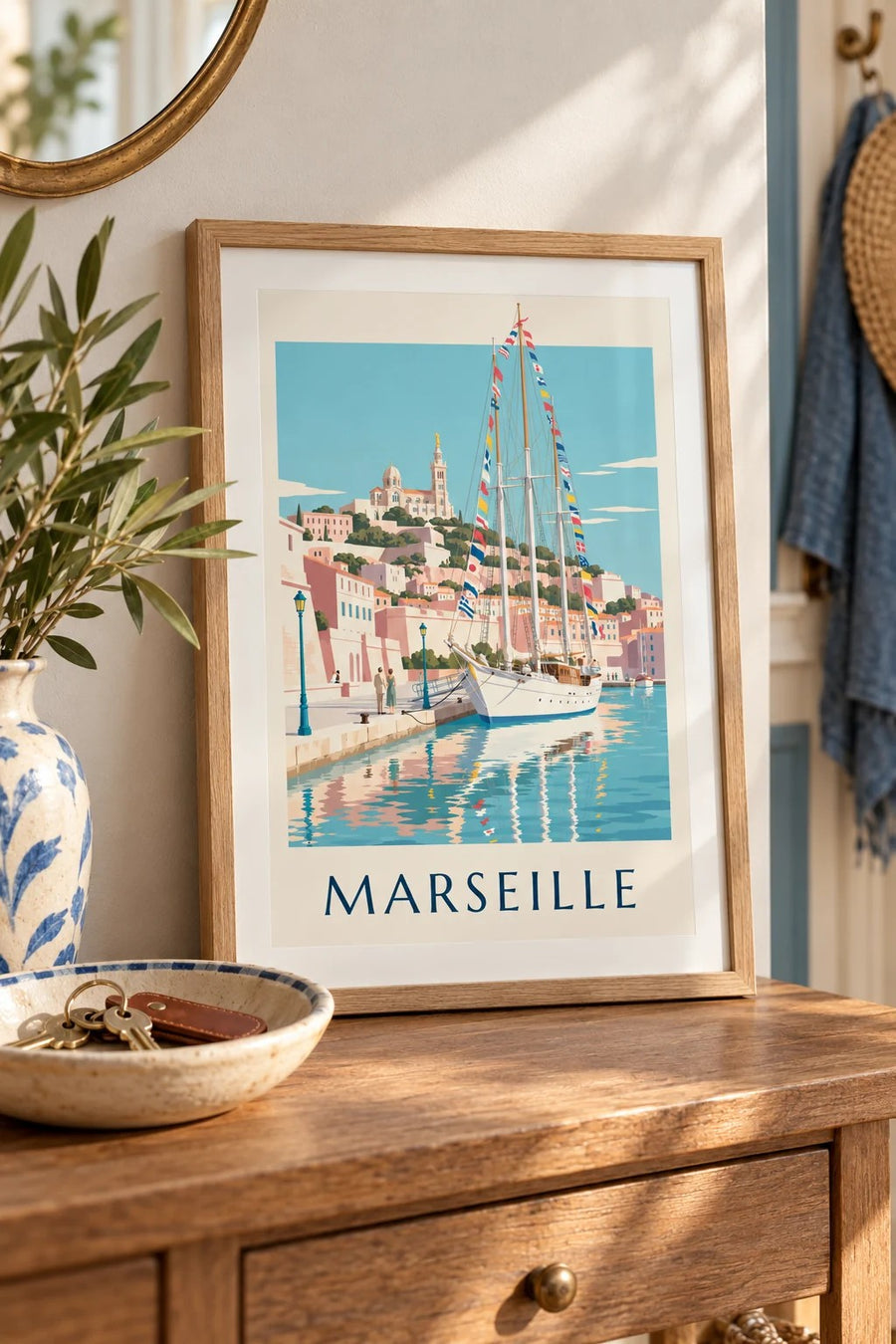 Plakat med stort sejlskib i Marseilles havn : lille A4-format i ramme