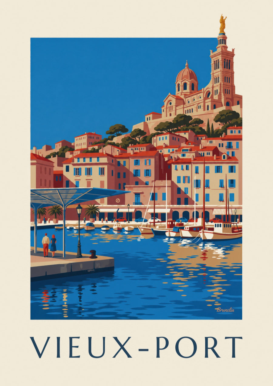 Plakat med det spejlblanke skyggetag på Vieux-Port i Marseille