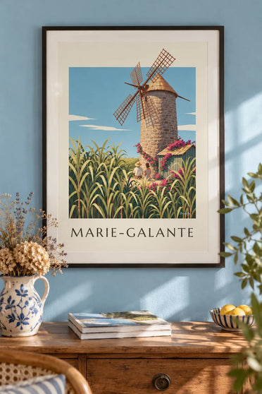 Guadeloupe-plakat med Bézard-møllen på Marie-Galante : indrammet på væggen