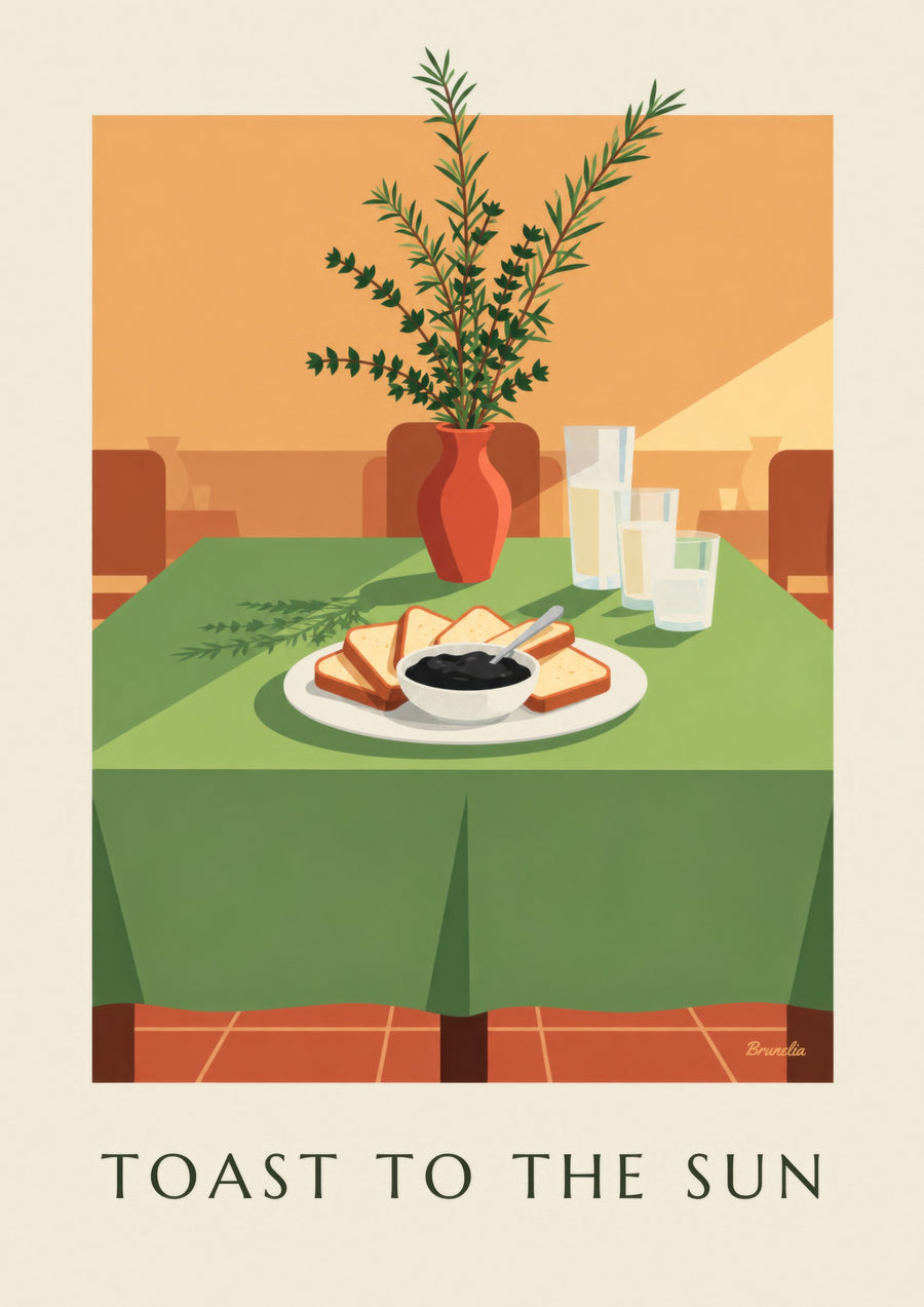 Plakat med sort tapenade og toast til aperitiffen