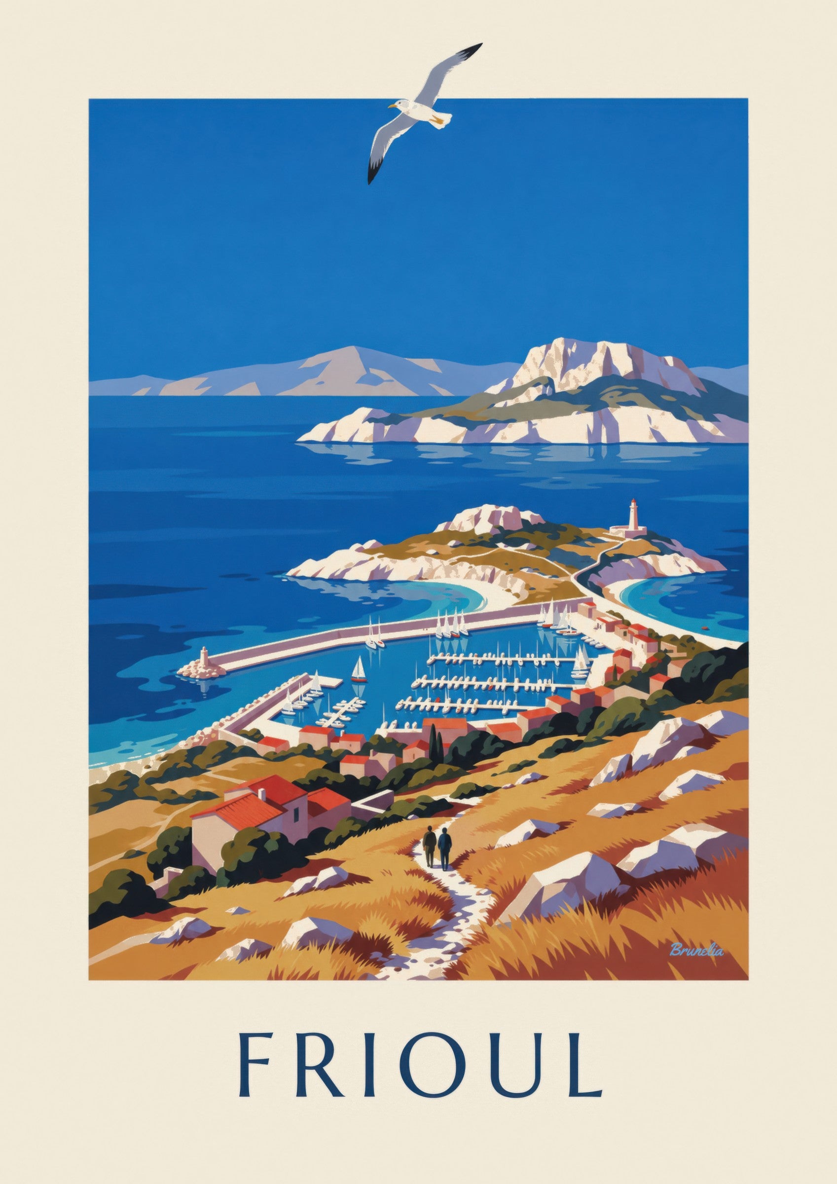 Plakat med havnen ved Frioul-øerne i Marseille: nærbillede af detalje