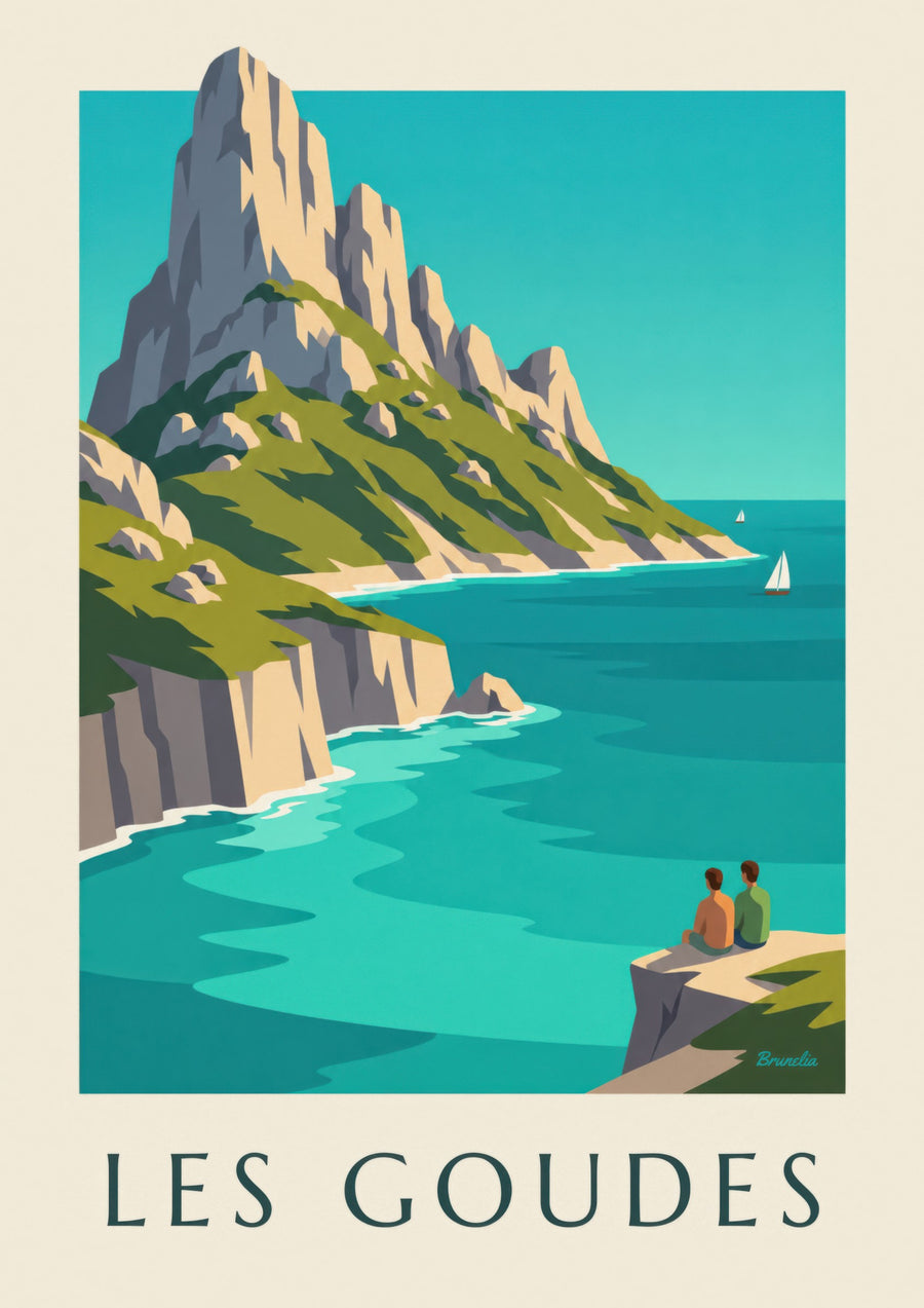 Plakat med øen Maïre ud for Les Goudes og turkisblåt vand