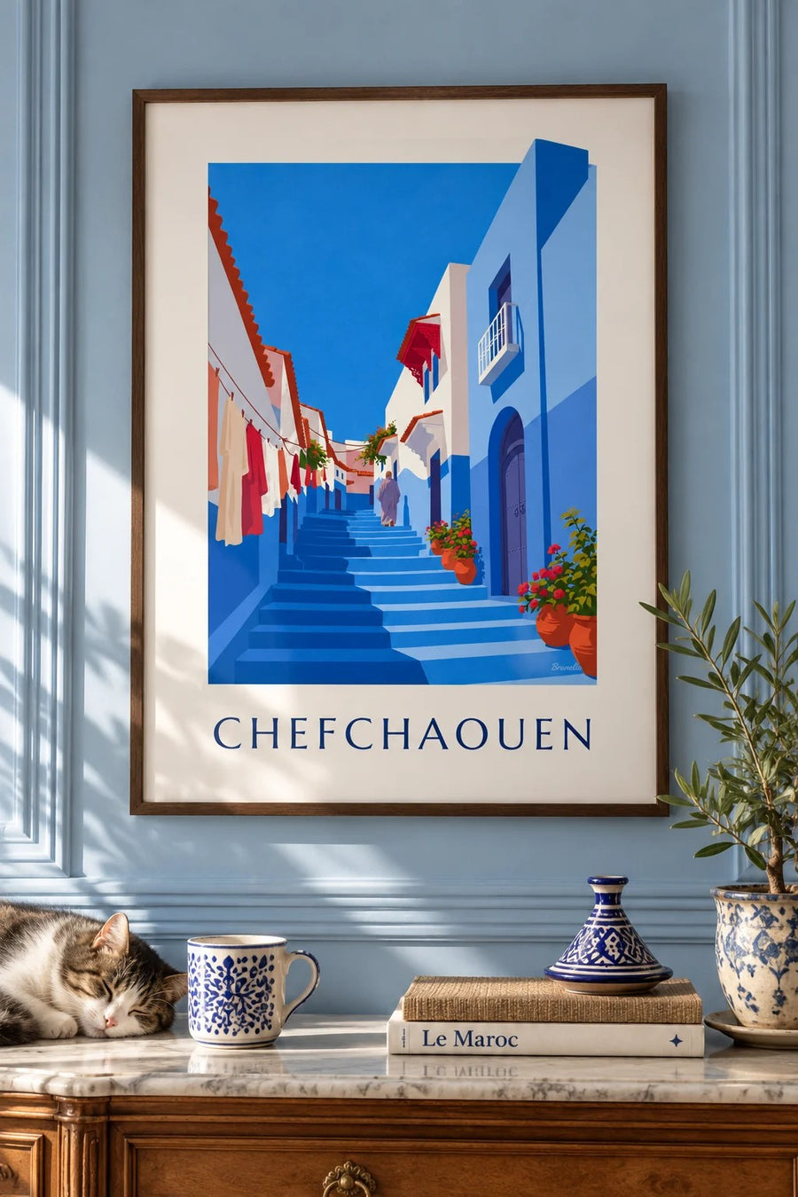 Plakat med Chefchaouens blå gyde i Marokko : indrammet på væggen