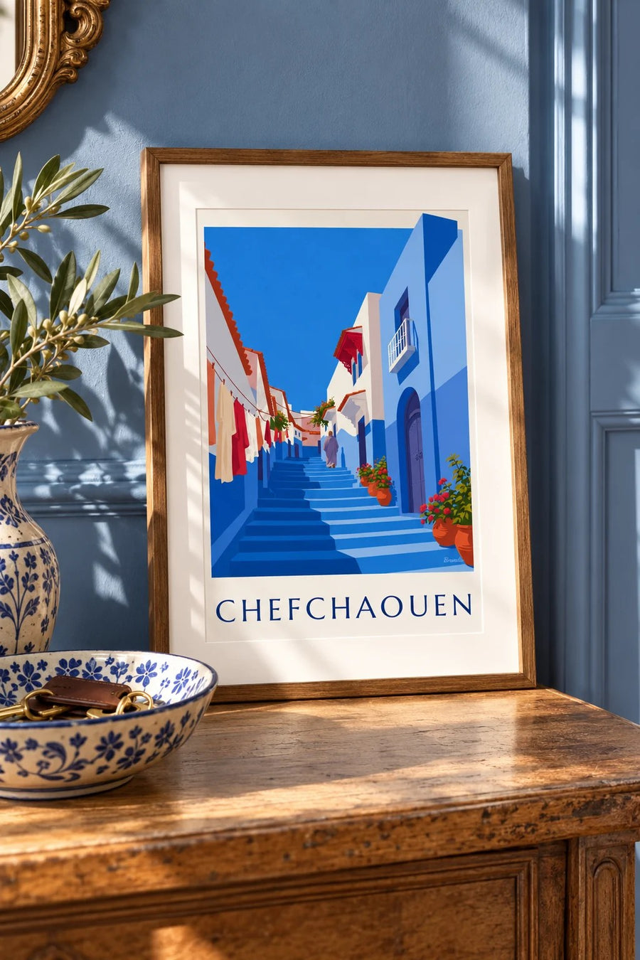 Plakat med Chefchaouens blå gyde i Marokko : lille A4-format i ramme