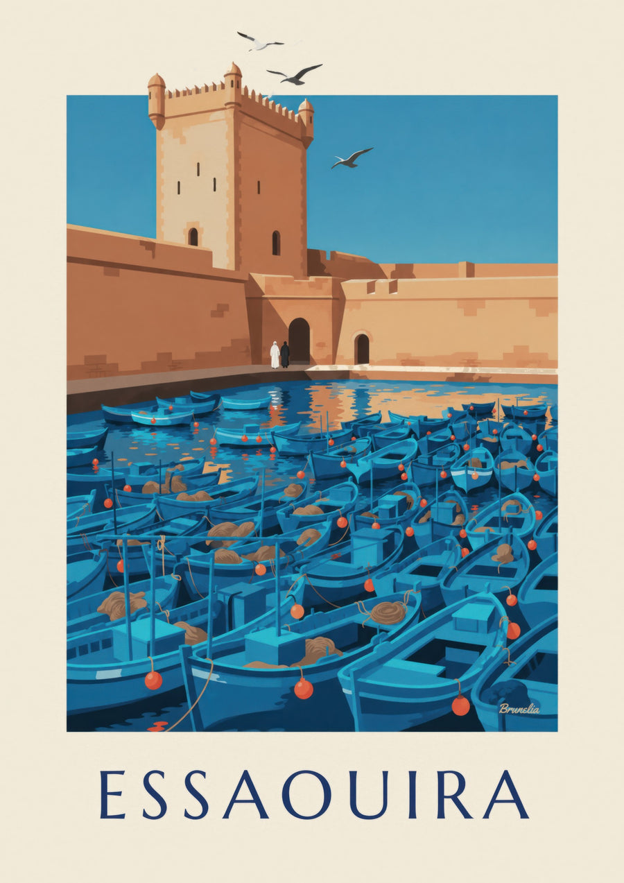 Plakat med Essaouiras havn og Skala-tårnet