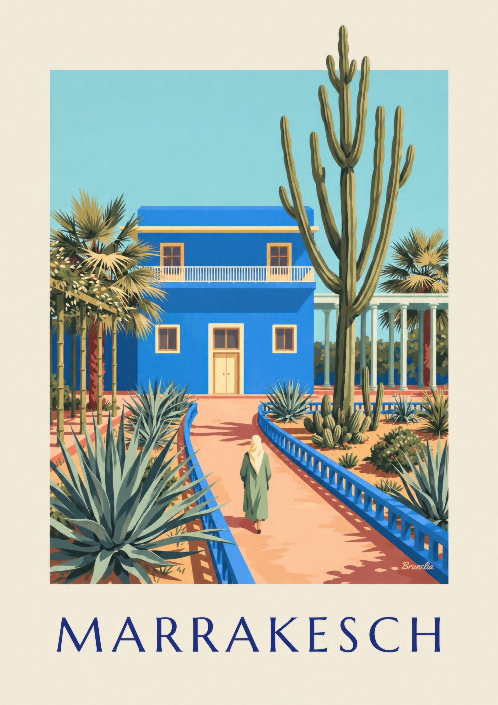 Plakat med blå villa og kaktusser i Marrakech (titlen MARRAKESCH): nærbillede af detalje