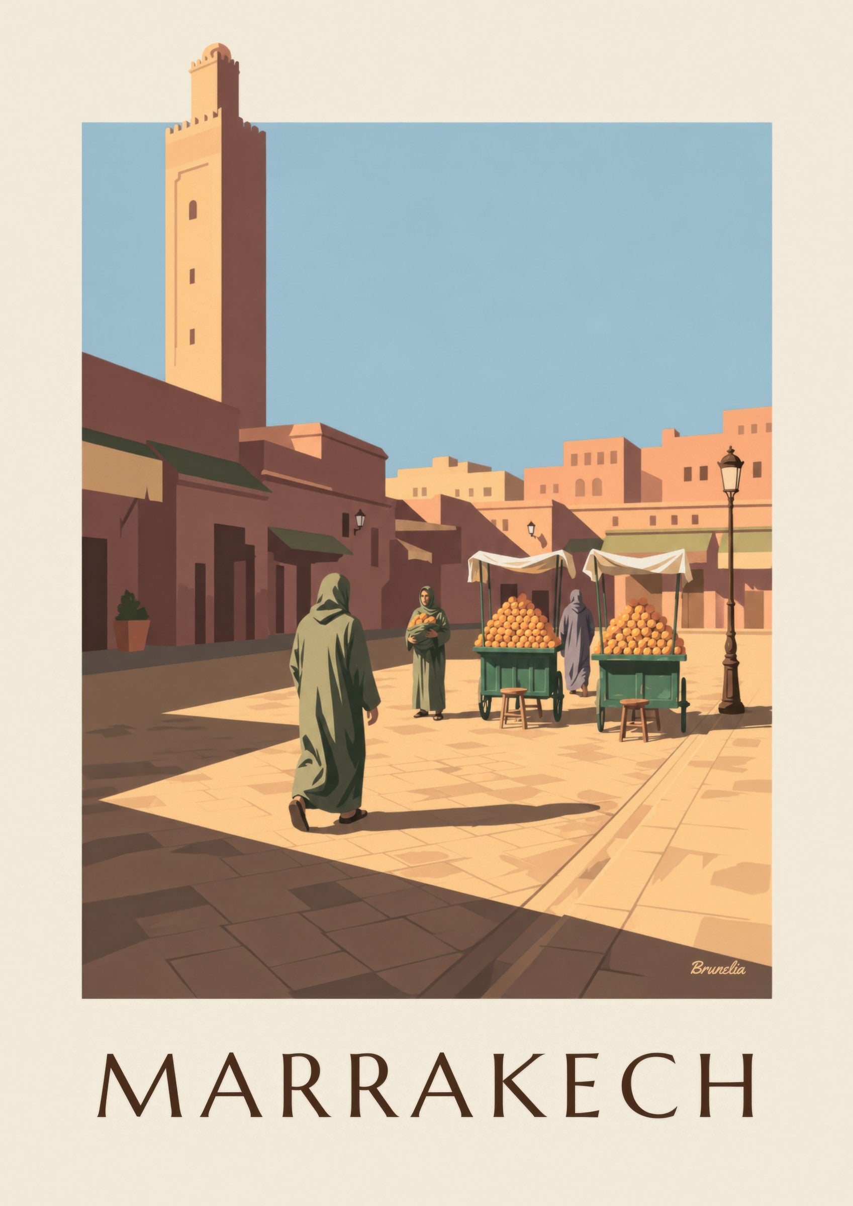 Plakat med Jemaa el-Fna i Marrakech og appelsinboder: nærbillede af detalje