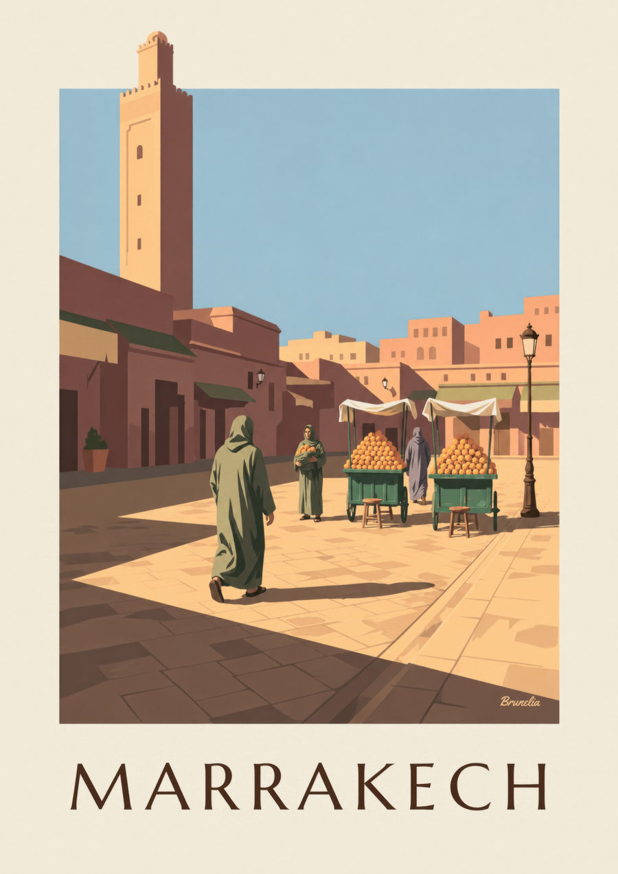 Plakat med Jemaa el-Fna i Marrakech og appelsinboder