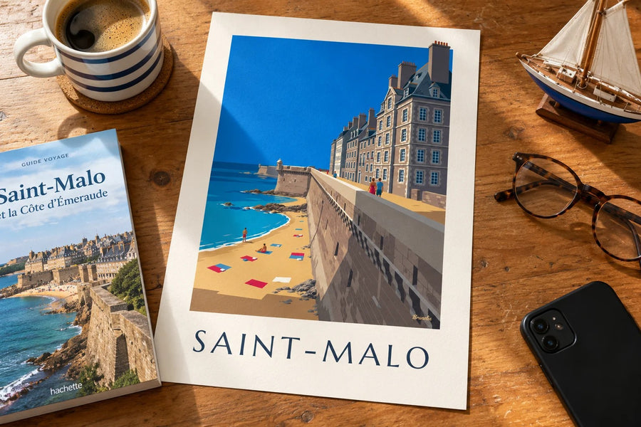 Plakat med Saint-Malos bymure og strand : stillet på et bord