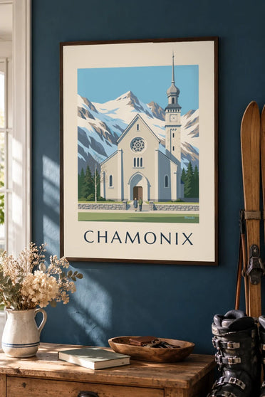 Plakat af Saint-Michel-kirken i Chamonix : indrammet på væggen