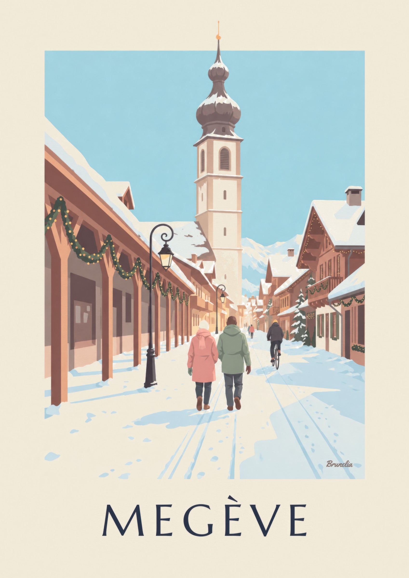 Affiche Megève, rue piétonne et clocher: nærbillede af detalje